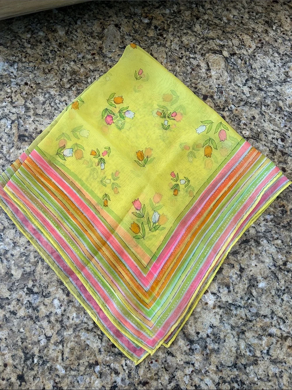 1960’s26 x 26 Green Floral Sheer Square Scarf with Pink and Orange Tulip Accents